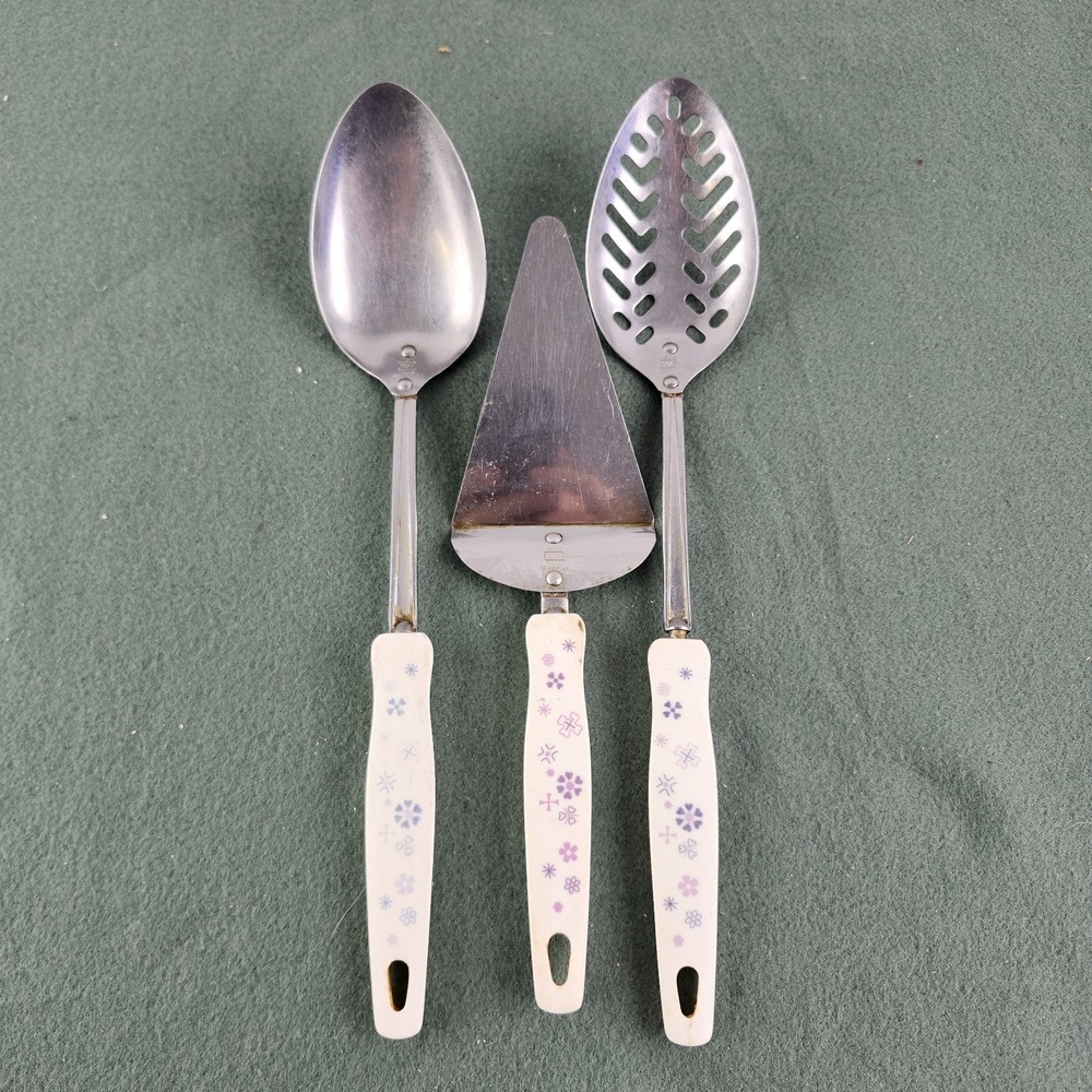 Vintage EKCO USA Stainless Steel Serving Utensils - White & Purple Handle